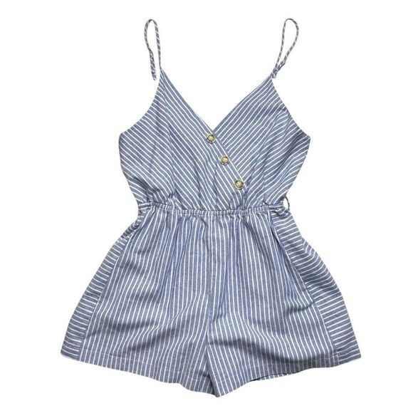 PURPLE SNOW Women's White Blue Striped Linen Blend Romper Size Large NWOT - Picture 1 of 8